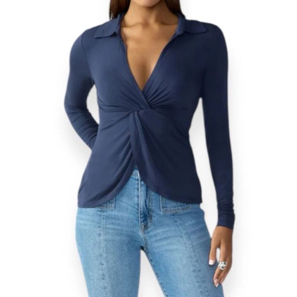 Sanctuary Plus 1X Twisted Front Top Shirt Navy Blue V Neck Long Sleeves Stretch